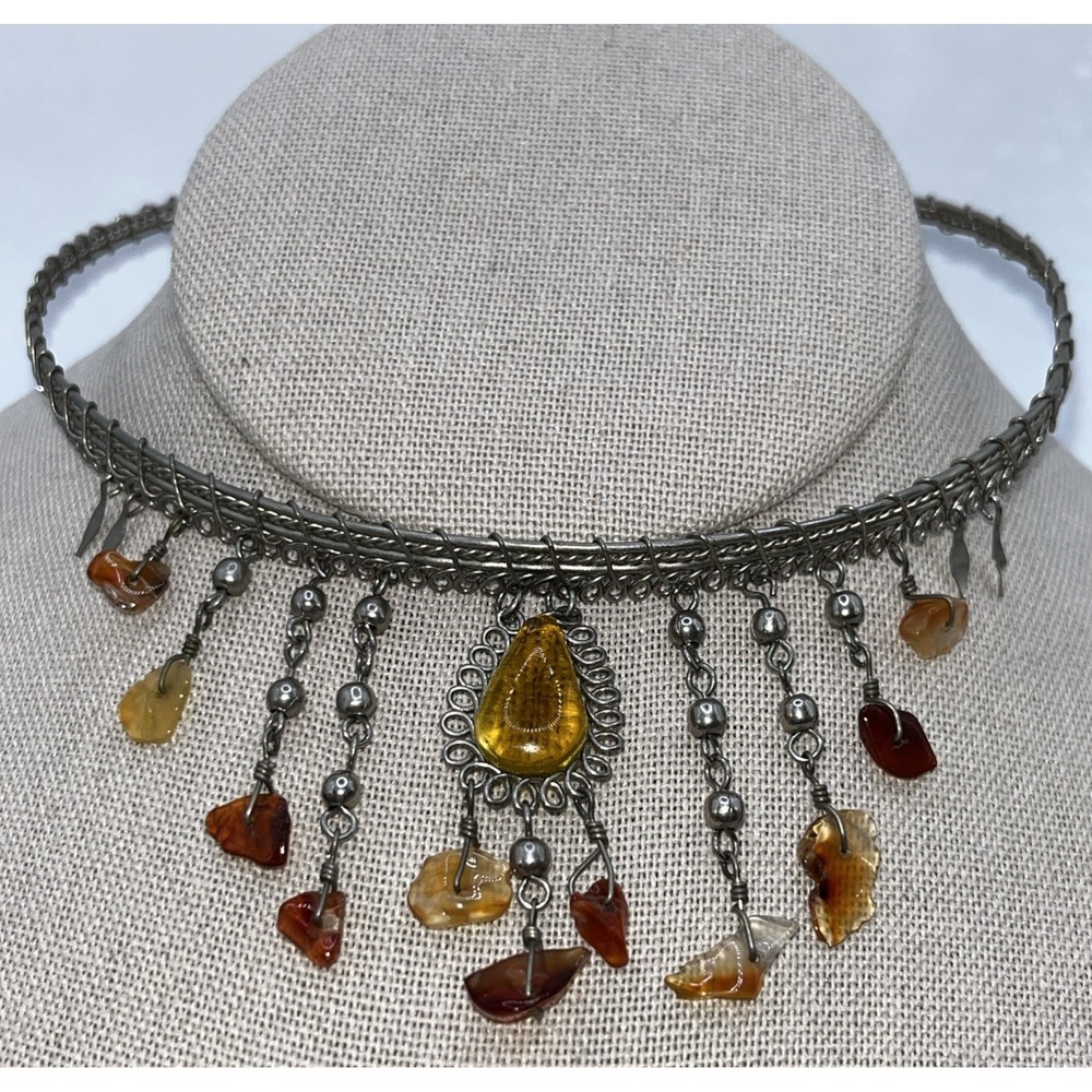 Statement‎ Choker Wire Wrapped Tourmaline Amber Color Fringe Boho Silver Tone